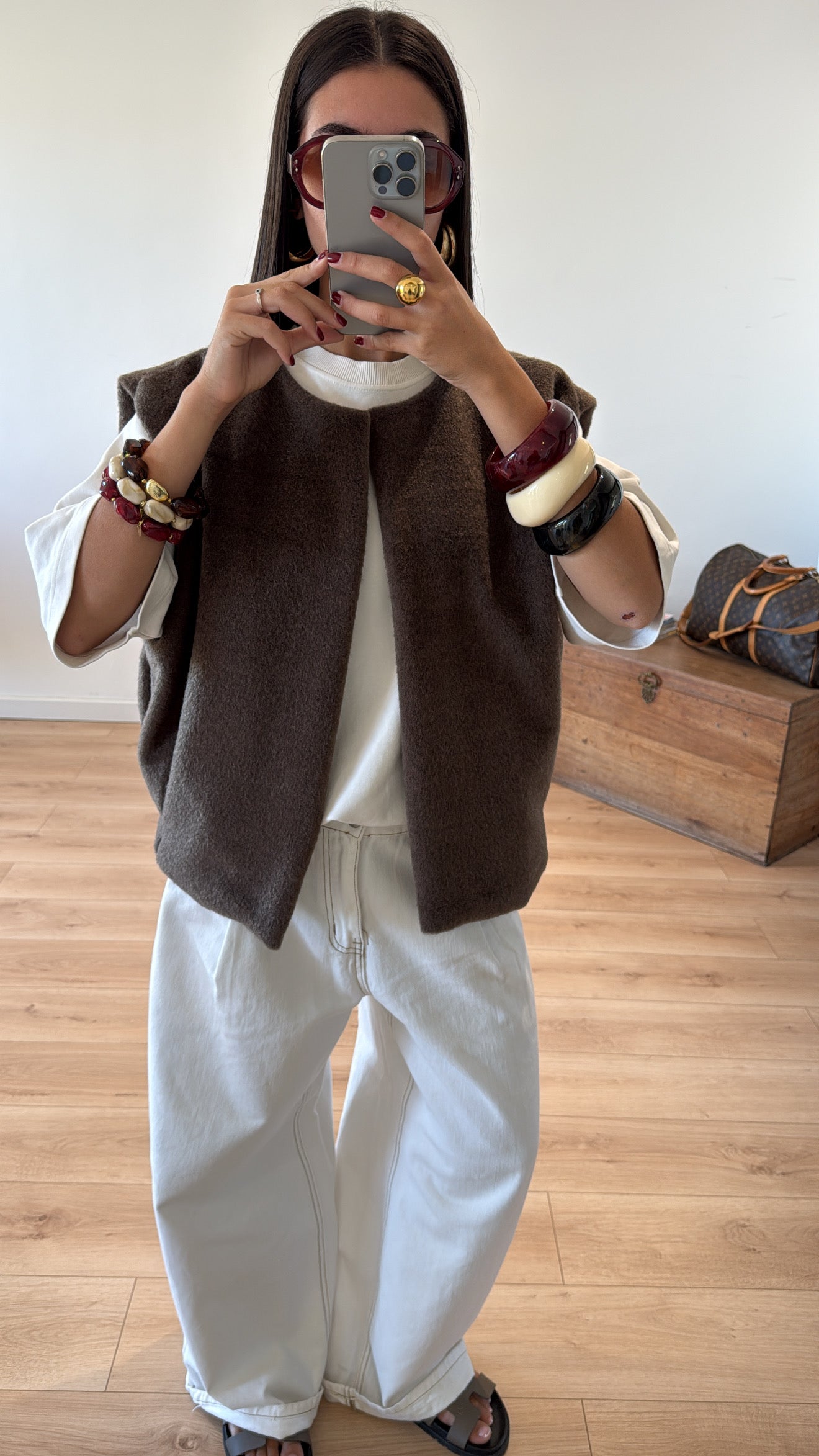 GILET SANS MANCHES "Elia" effet feutrine CHOCOLAT