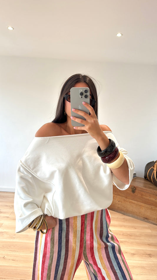 TOP SWEAT BLANC "EVA" (TOP MANCHES TOMBANTE ÉPAULES)