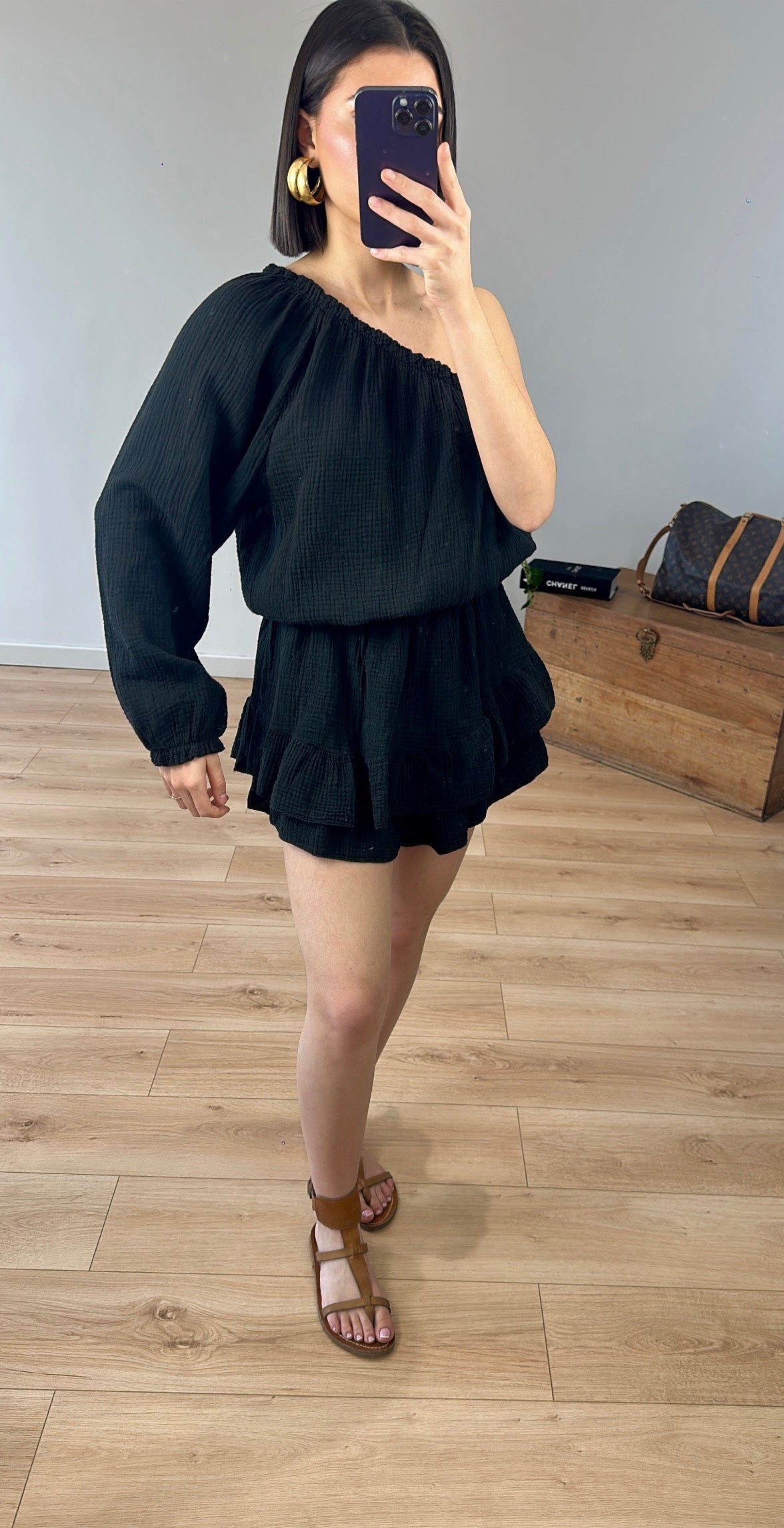 Combinaison-short "Maëline" monomanche NOIRE