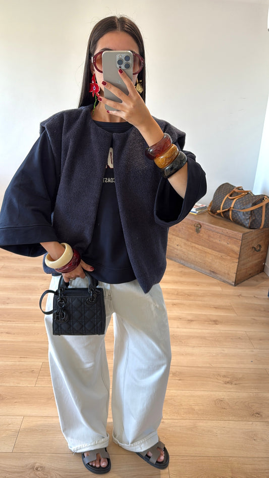 GILET SANS MANCHES "Elia" effet feutrine BLEU MARINE