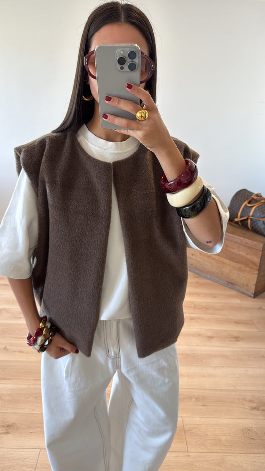 GILET SANS MANCHES "Elia" effet feutrine CHOCOLAT