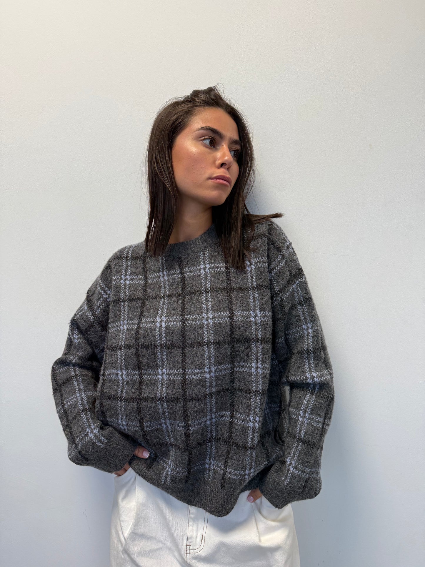 PULL à carreaux GRIS avec coudière