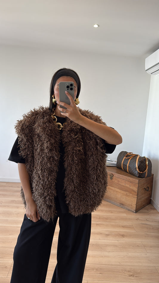 VESTE SANS MANCHES EFFET MOUTON "BETY" - CHOCO